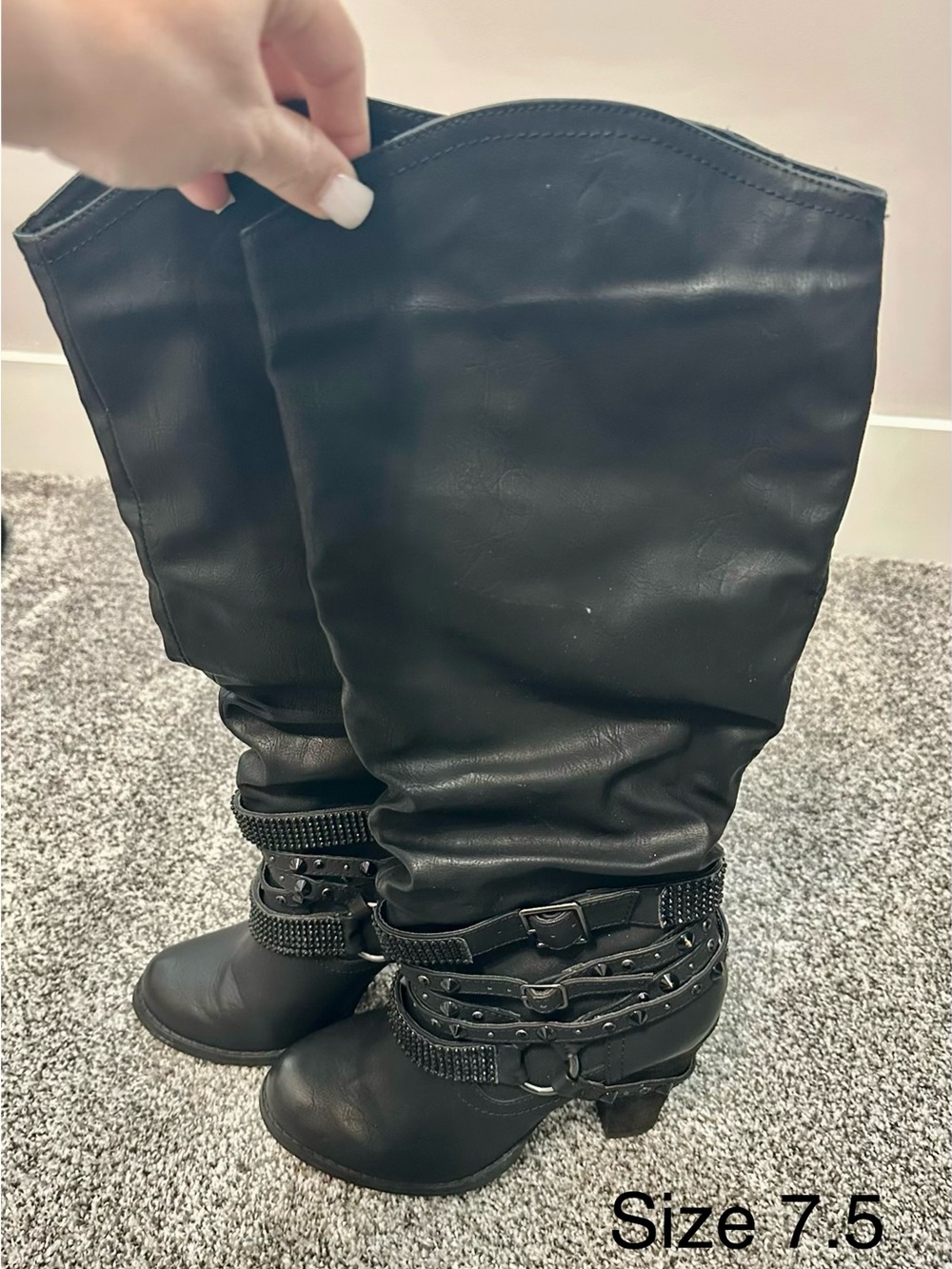 Black Knee-High Buckle and Stud Detail Boots